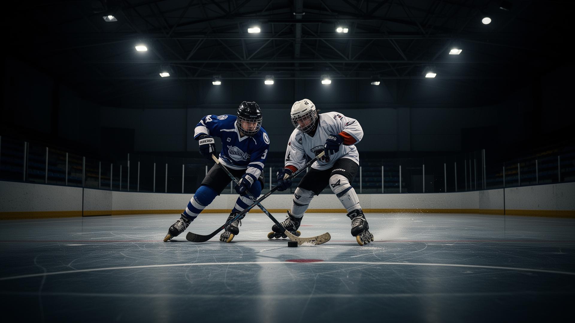 Acción de hockey línea, dos jugadores enfrentándose por el puck